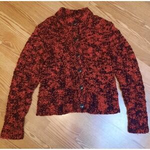 L.L. Bean Red Black Cable Knit Cardigan Wool Blend Mock Neck Size Small Chunky